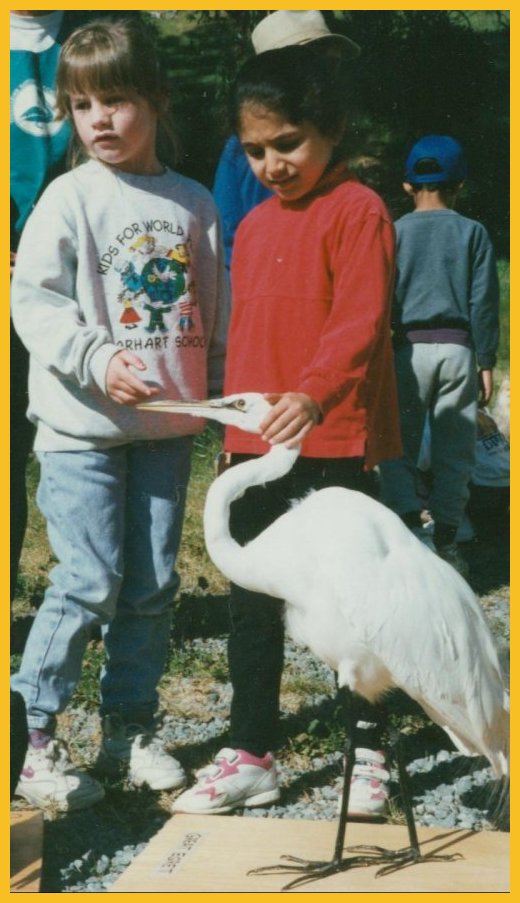 Two girls stroke the Egret